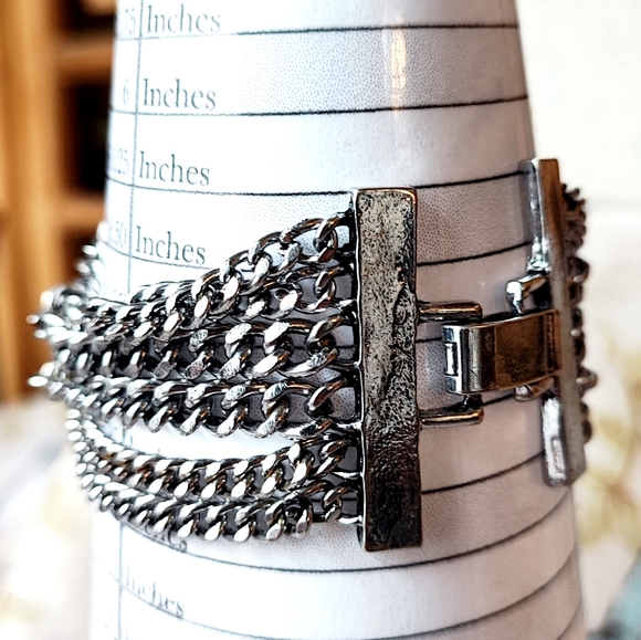 Silver Tone 6 Strand Chain Sapphire Blue Rhinestone Reproduction Bracelet - Picture 6 of 6